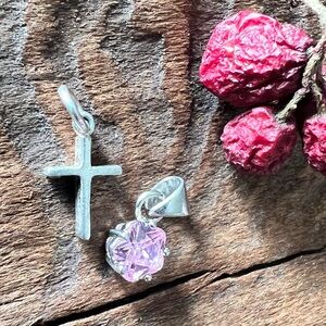925 Two Dainty Pendants Pink Flower Crystals Cross  Sterling Silver Minimalists